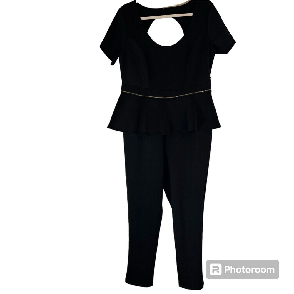 Eloquii Women’s Jumpsuit Sz 14 Black Open Back Zip Off Peplum Scuba Knit